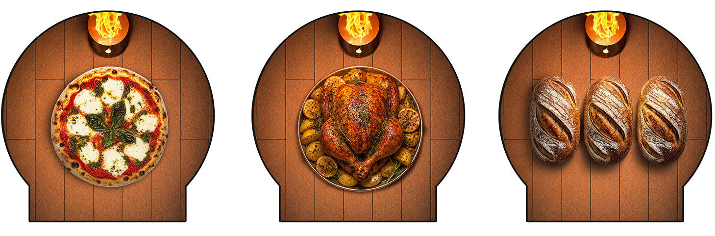 Food capacity of Forno Classico Fiamma Square 65 pizza oven along with different food inside the oven as presentation