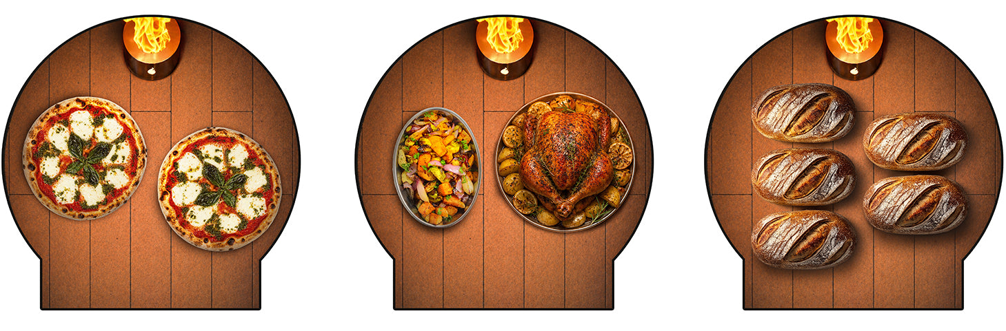 Food capacity of Forno Classico Fiamma Square 80 pizza oven along with different food inside the oven as presentation