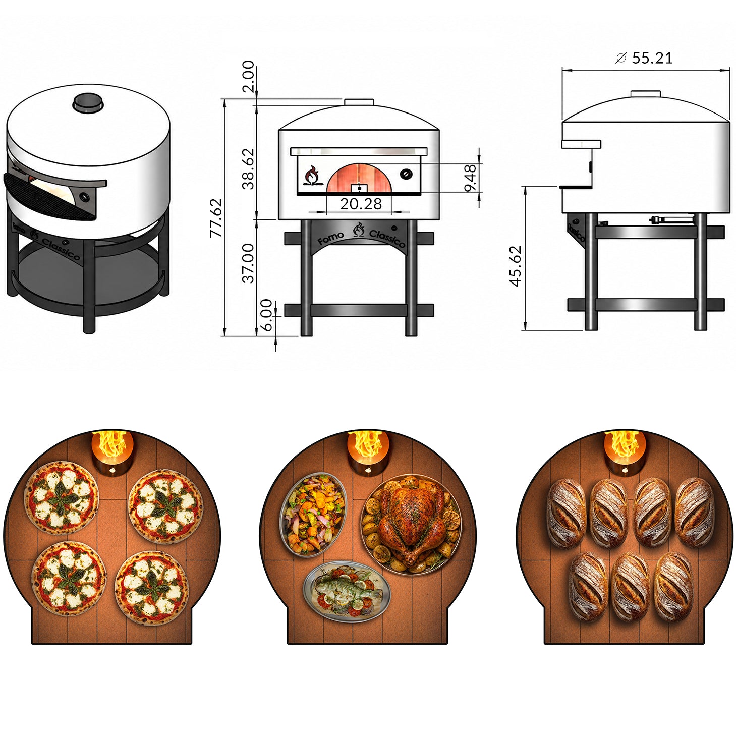 Forno Classico Napoli 100 pizza oven with dimensions, images of pizzas, roasted vegetables, and bread, and a white background.