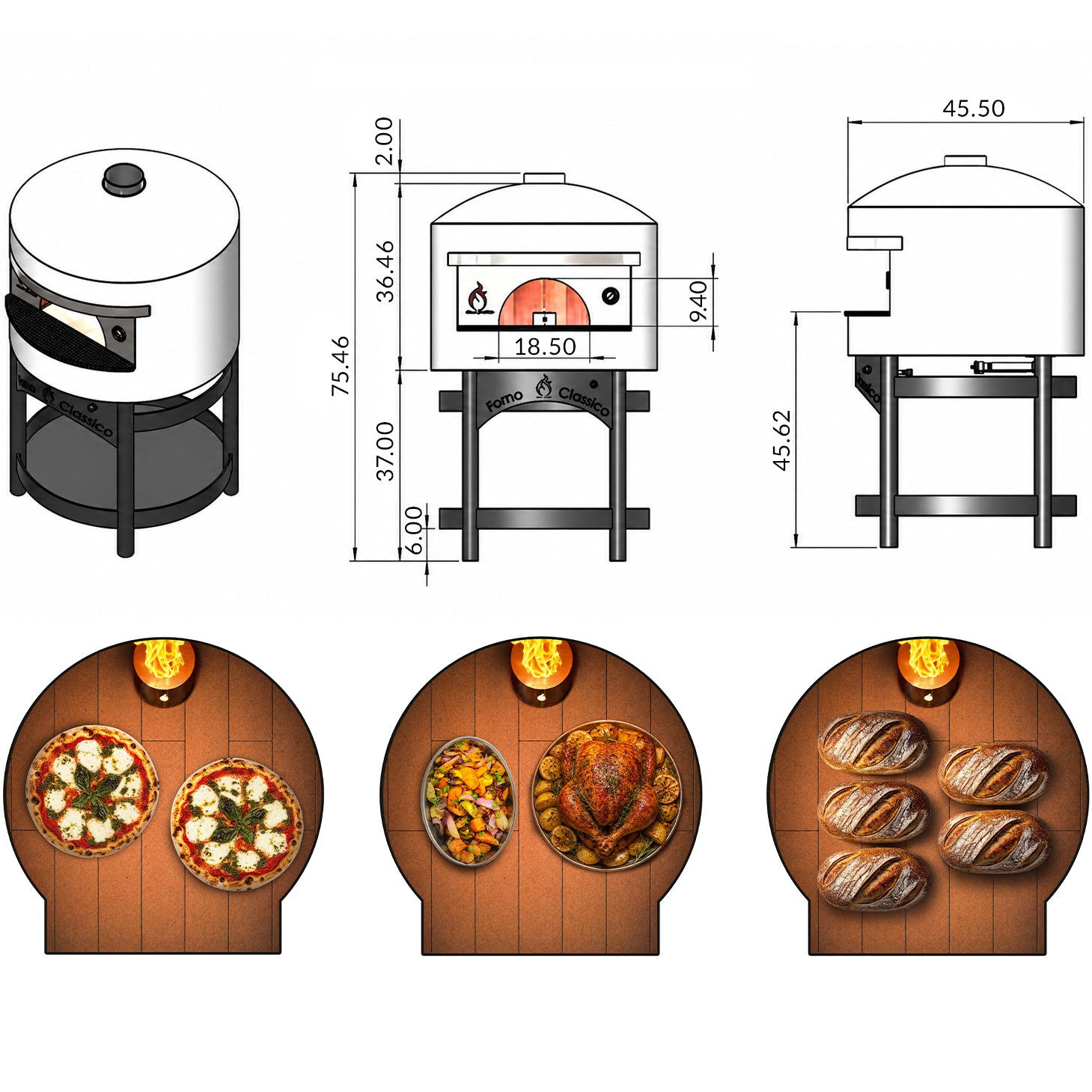 Forno Classico Napoli 80 pizza oven with dimensions, images of pizzas, roasted vegetables, and bread, and a white background.