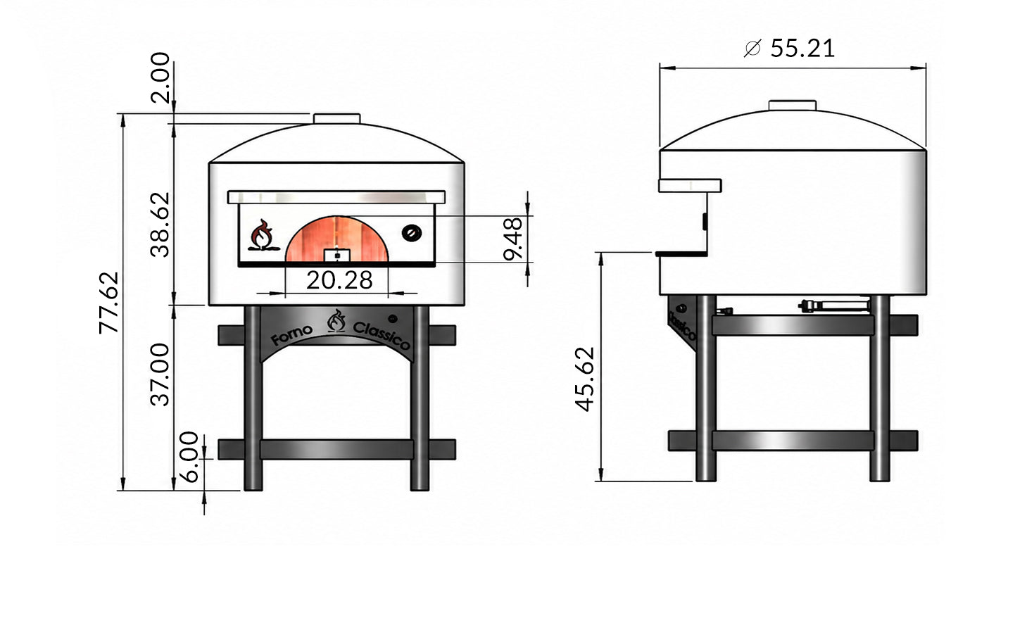 Technical drawing of a Forno Classico Colosso pizza oven with dimensions