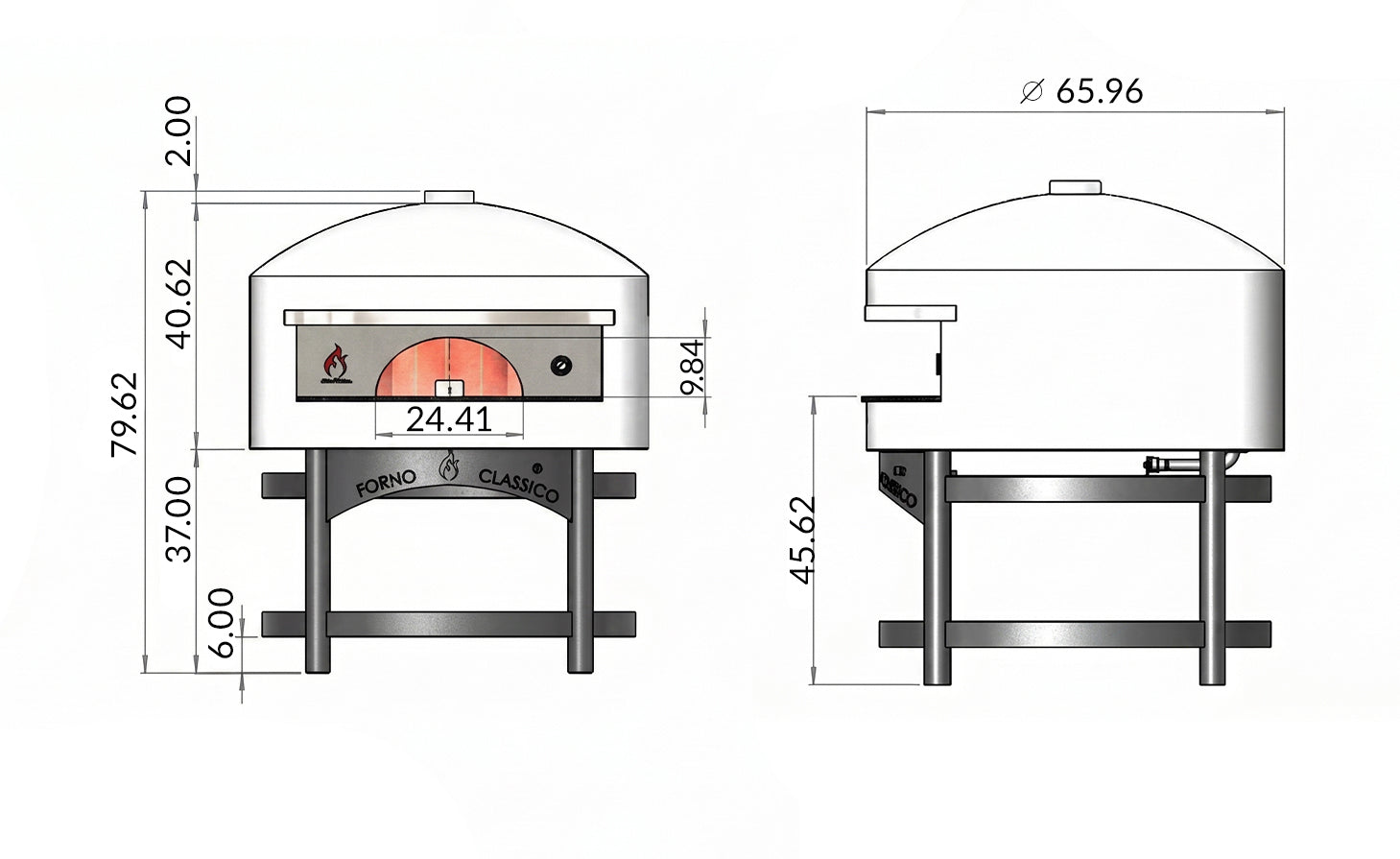 Technical drawing of a Forno Classico Colosso pizza oven with dimensions