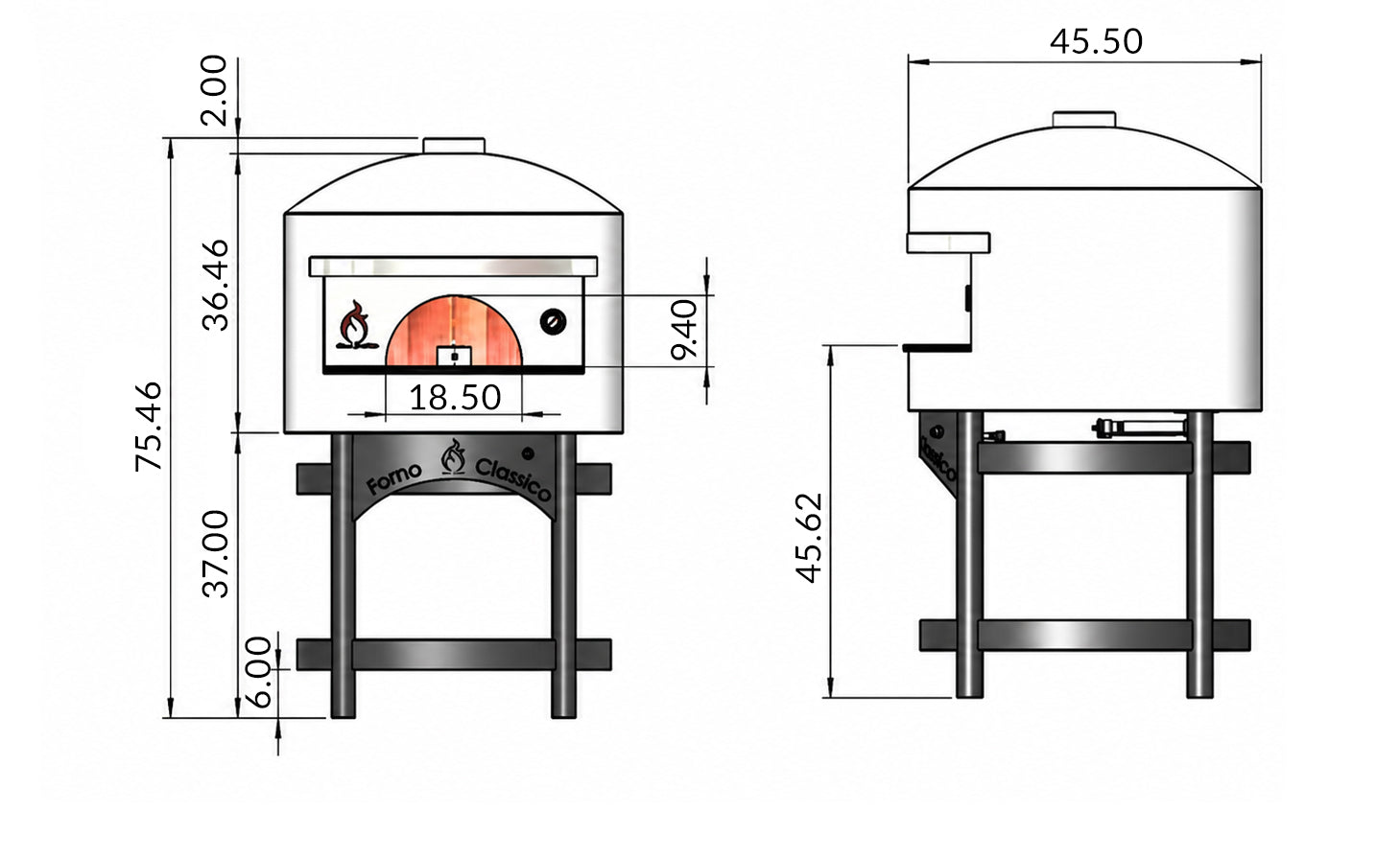 Technical drawing of a Forno Classico Colosso pizza oven with dimensions