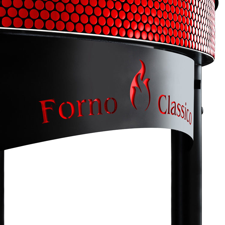Close-up of a Forno Classico pizza oven with red and black design.