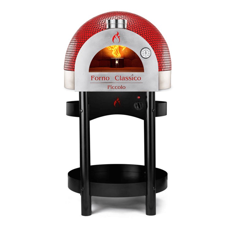 Forno Classico Piccolo pizza oven with flames inside on a white background